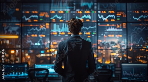 A businessperson standing in a control room overlooking complex financial data across multiple screens