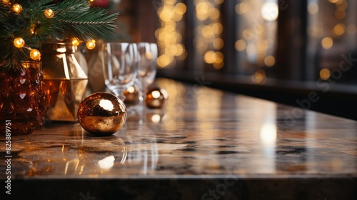 A retail background with blurred bokeh lights adding ambiance to a table with a stone or concrete top  providing an inviting setting to showcase products in a sophisticated environment.