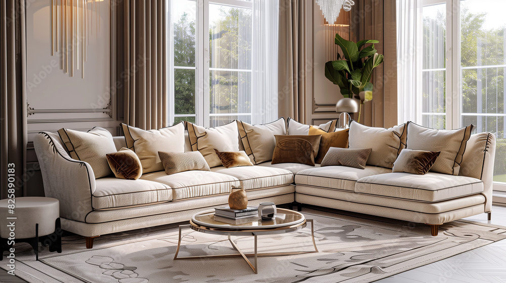 Fototapeta premium classic beige sectional sofa adorned with luxurious champagne throw pillows