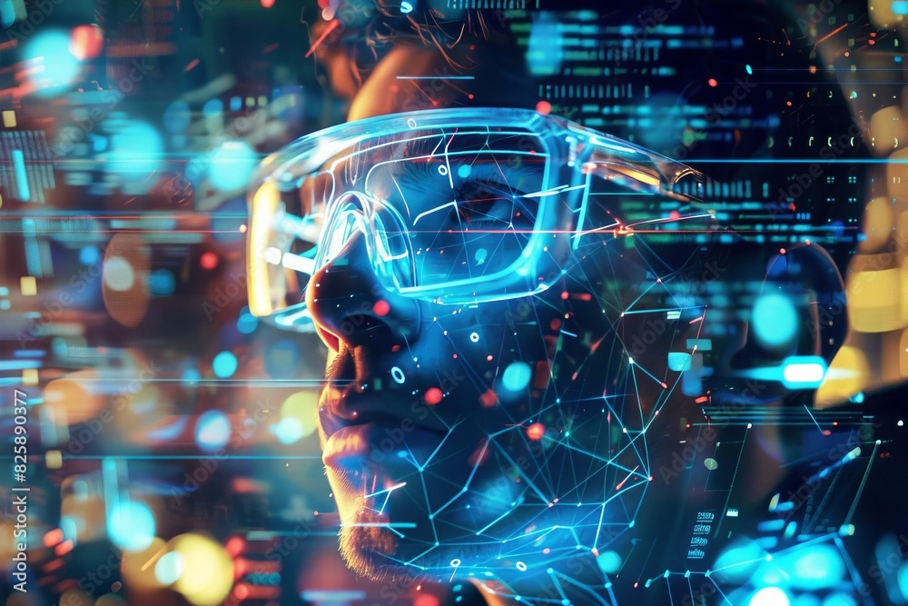 custom made wallpaper toronto digitalA person wearing augmented reality glasses, amidst digital data visualization, symbolizing advanced technology and futuristic innovation.
