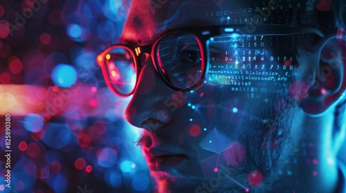 Portrait of a person in glasses looking at a holographic screen with data, illuminated by blue and red neon lights, representing technology and innovation.