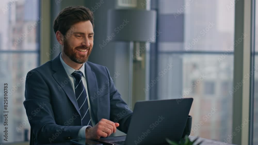 Happy man corresponding client computer at office closeup. Guy drinking coffee Happy man corresponding client computer at office closeup. Guy drinking coffee