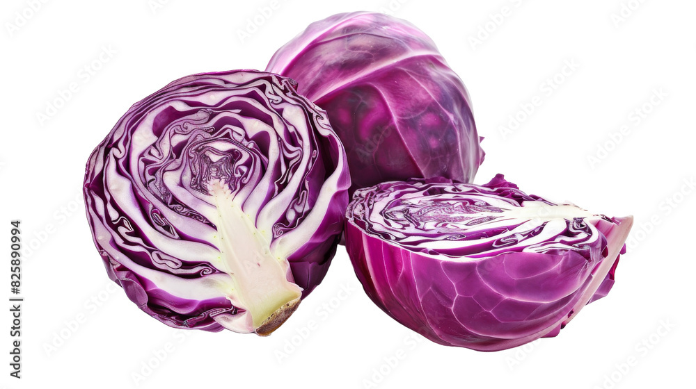 A red cabbage cut in half is displayed on a white background, showcasing its vibrant color and texture A red cabbage cut in half is displayed on a white background, showcasing its vibrant color and texture