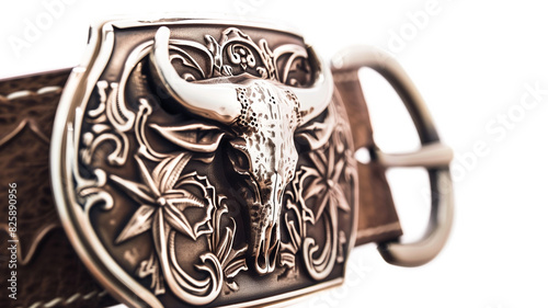 Classic Texas rodeo style belt buckle closeup isolated on white background, Silver bull skull and floral engraving metalwork with brown cowhide leather