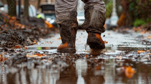 A worker trudging through a puddle their bright orange vest now covered in brown splotches.