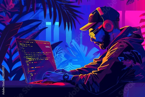 A man wearing headphones codes on a laptop in a vibrant, neon-lit environment with plants in the background.