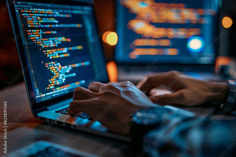Close-up view of hands coding on laptop, showcasing software development, programming, and technology in a dark environment. Close-up view of hands coding on laptop, showcasing software development, programming, and technology in a dark environment.