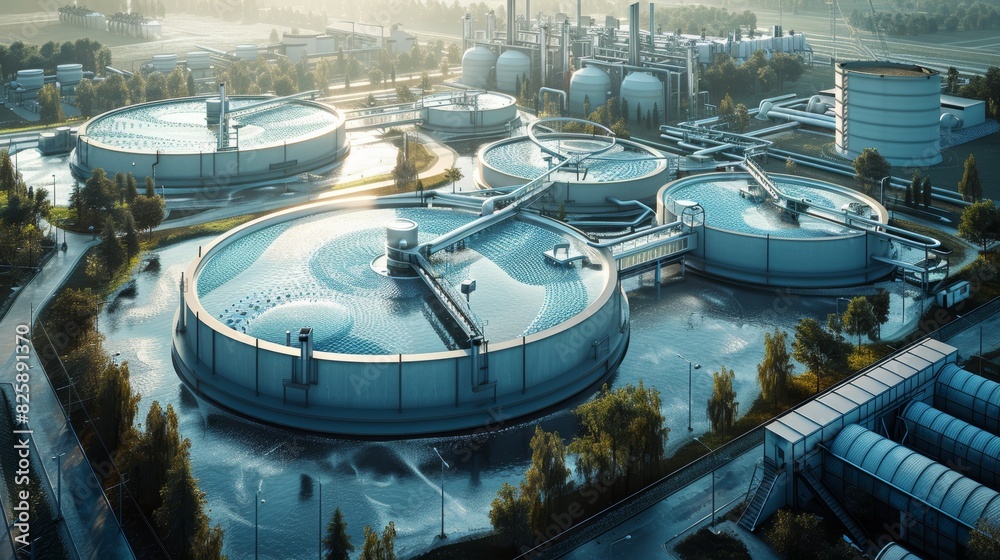 Aerial view of industrial water treatment plant with large tanks and infrastructure amidst a scenic landscape, highlighting modern utility services. Aerial view of industrial water treatment plant with large tanks and infrastructure amidst a scenic landscape, highlighting modern utility services.