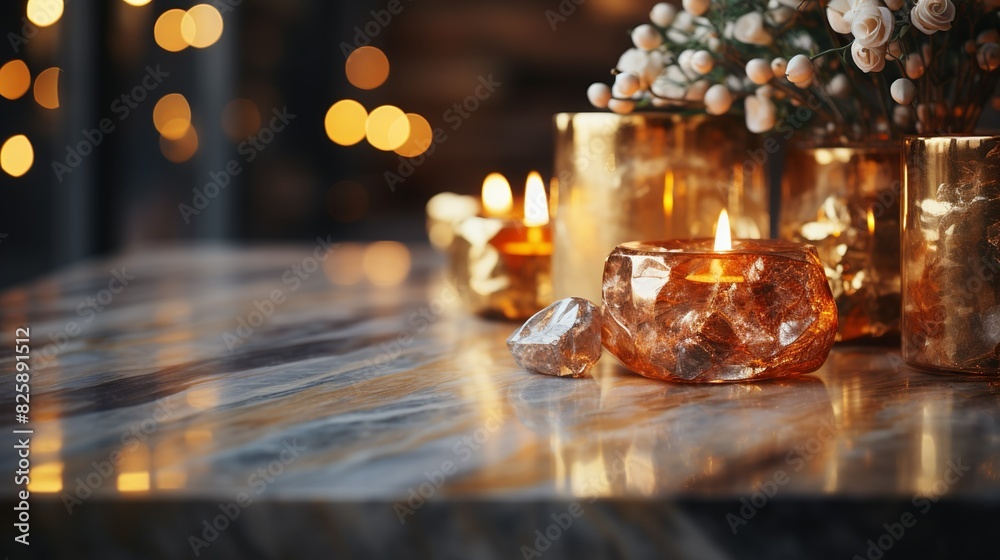 A retail background with soft bokeh lights illuminating a table with a stone or concrete top, providing an elegant setting to A retail background with soft bokeh lights illuminating a table with a stone or concrete top, providing an elegant setting to