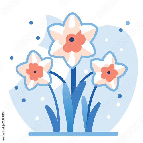 Three White Flowers with Orange Centers and Blue Stems