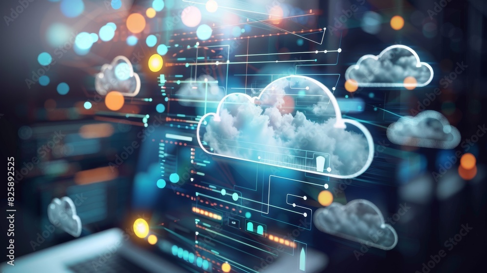 Top view of a cloud computing hub featuring servers and workstations, business technology background. essential elements of the hub, showcasing modern IT infrastructure Top view of a cloud computing hub featuring servers and workstations, business technology background. essential elements of the hub, showcasing modern IT infrastructure