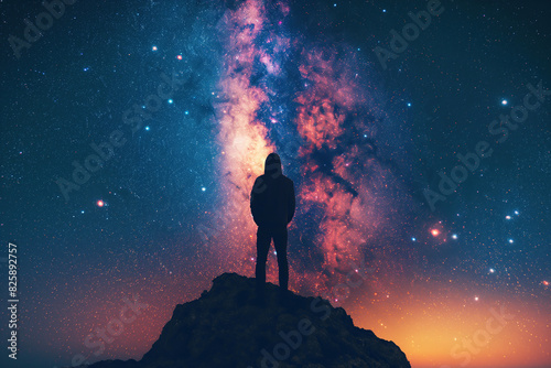 silhouette of man standing on top of mountain on background of a starry night sky with bright Milky way and stars