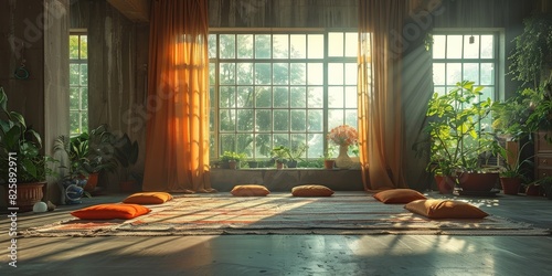 Sun shines through room windows with rug and pillows on floor