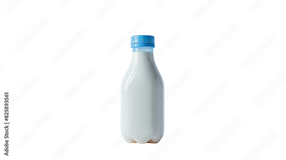 A glass bottle filled with milk standing on a clean white surface A glass bottle filled with milk standing on a clean white surface