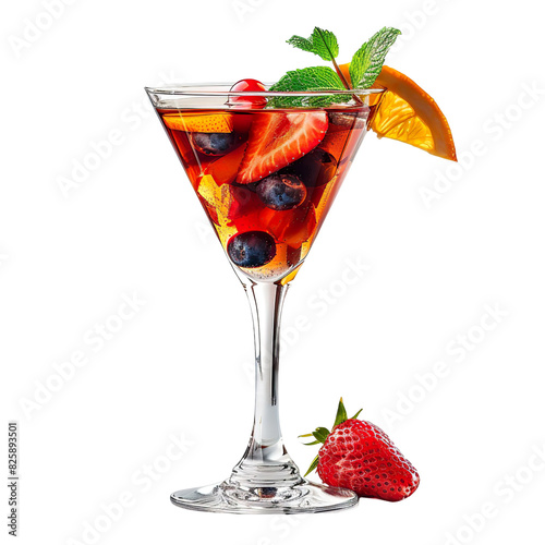 Extreme front view of Sangria Sunset wine cocktail in a martini glass isolated on a white transparent background photo