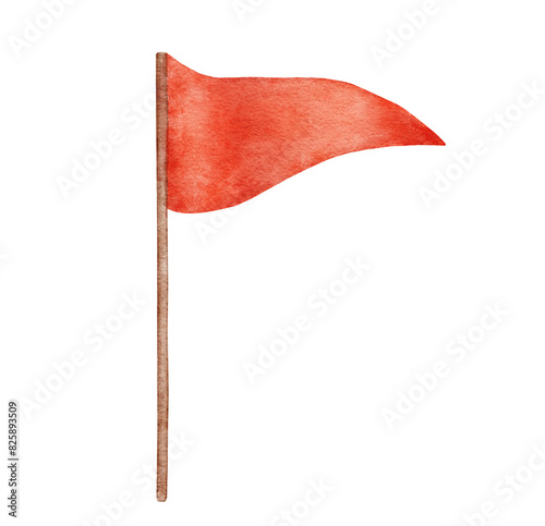 Watercolor red flag triangular shape. Hand drawn graphic drawing on isolated background.