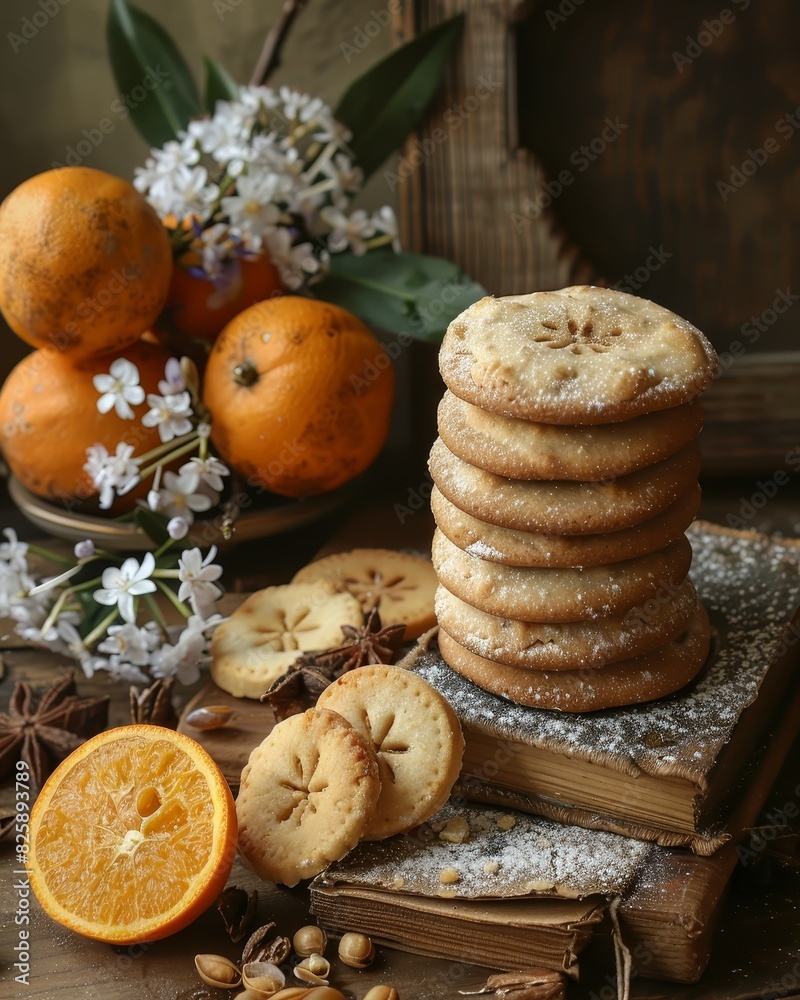 Fototapeta premium Stack of delicious cookies with oranges and flowers on rustic books, showcasing a cozy, vintage aesthetic.