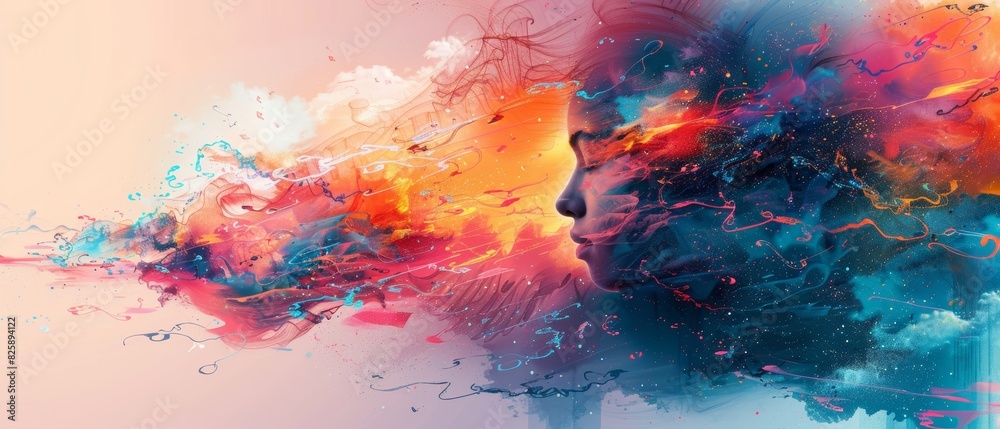 Abstract digital art of a human profile blending into vibrant colors, depicting imagination and creativity. Abstract digital art of a human profile blending into vibrant colors, depicting imagination and creativity.