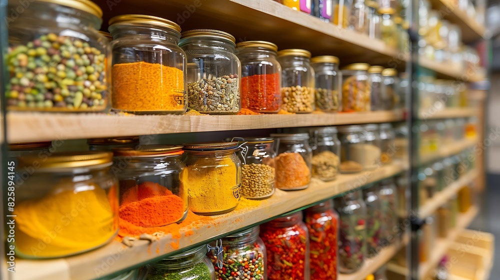 A kitchen with a walk-in pantry showcasing neatly stacked glass jars filled with colorful spices