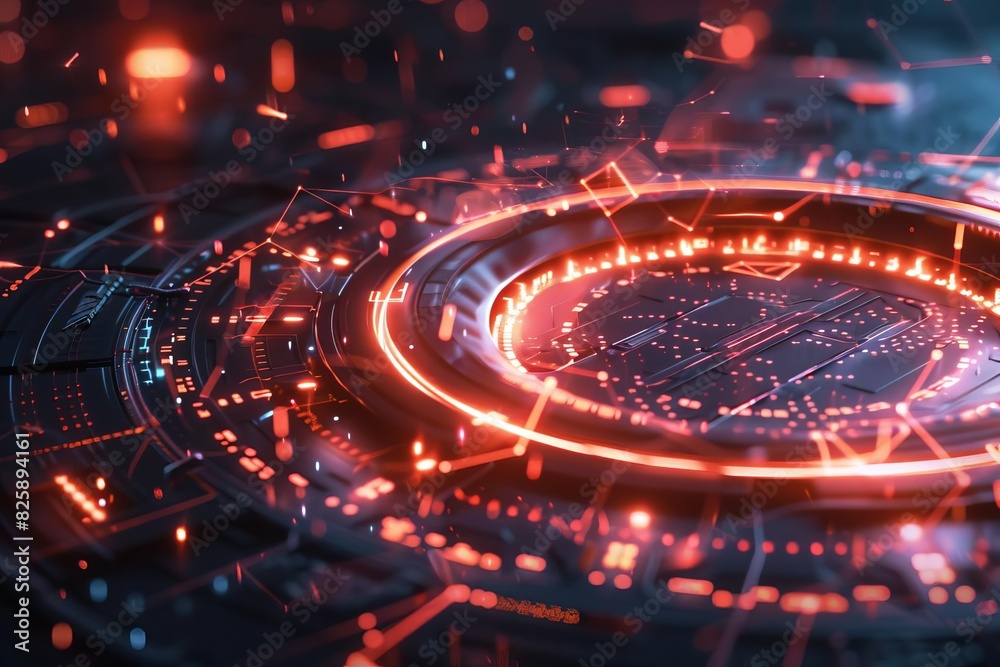 Tech lines converging towards a glowing circular node, suitable for topics on network security or AI