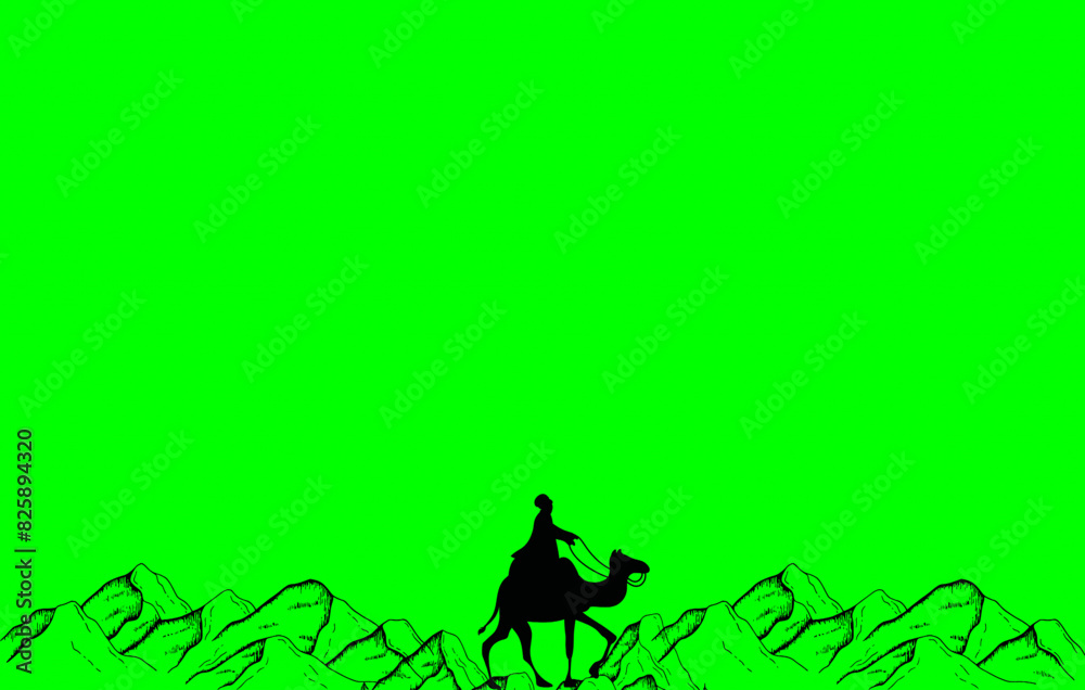 Serene Desert Oasis: Camel Journey to Water, Man on Camelback, Mountains, and Sun Reflecting in Pristine Waters amidst Date Trees - Vector Illustration on Vibrant Green Background Serene Desert Oasis: Camel Journey to Water, Man on Camelback, Mountains, and Sun Reflecting in Pristine Waters amidst Date Trees - Vector Illustration on Vibrant Green Background