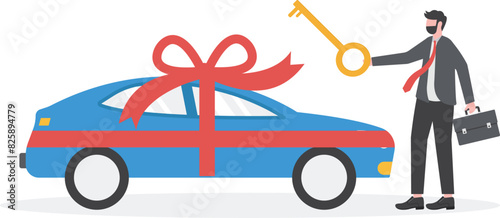 Car gift concept. Man holding in hand on palm auto with red ribbon. Vector illustration flat design. 

