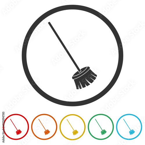 Bristle broom icon. Set icons in color circle buttons photo