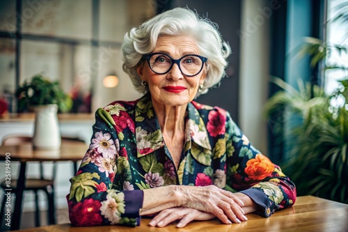 Portrait of a stylish, fashionable elderly woman, a pensioner of 70 years old, wearing glasses and clothes with floral prints. The concept of the elderly.