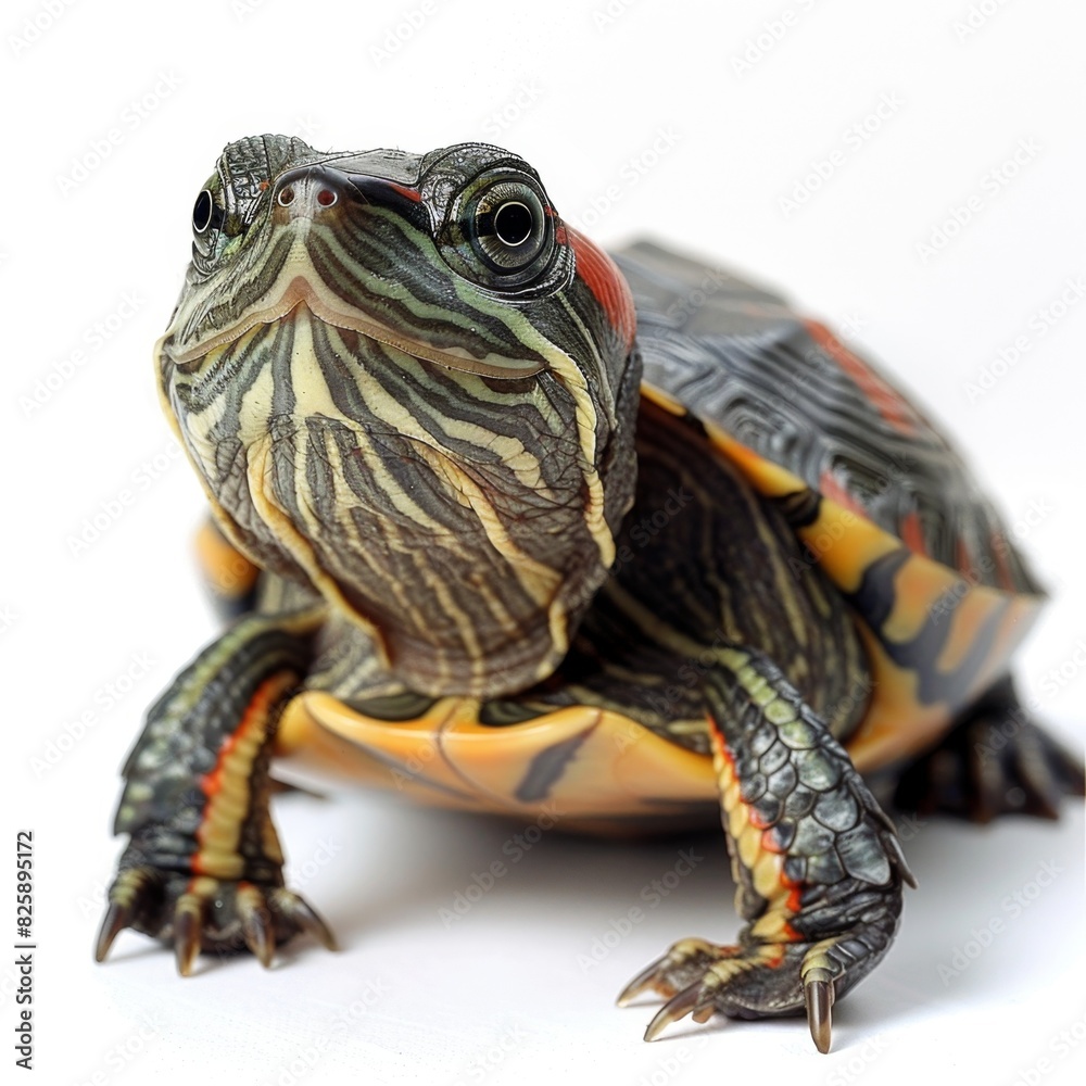 Happy Red-Eared Slider Turtle Smiling on White Background Happy Red-Eared Slider Turtle Smiling on White Background