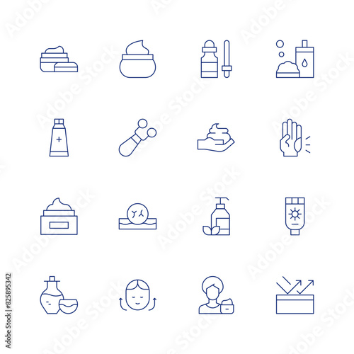 Skincare line icon set on transparent background with editable stroke. Containing antibiotic, cream, dryskin, facecream, faceroller, naturalcream, primer, shavingfoam. photo