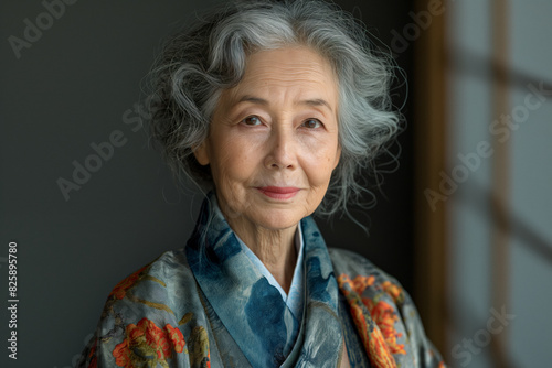 Elderly woman in blue and orange flowers kimono, grey wall and traditional japanese shoji screen
