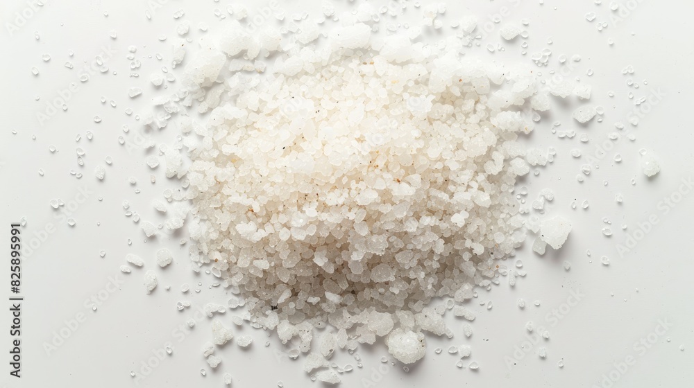 Top view of a pile of natural salt on a white background Top view of a pile of natural salt on a white background