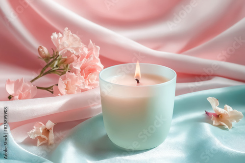 A candle is lit in a clear glass container on a table with pink flowers. The candle is surrounded by pink flowers  creating a romantic and calming atmosphere