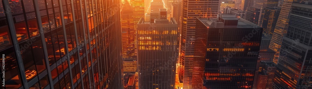 Fototapeta premium Stunning aerial view of city skyscrapers bathed in golden sunset light, capturing the vibrant urban landscape and modern architecture.