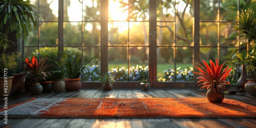 Sun shines through greenhouse windows, potted plants inside