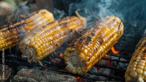 Corn is getting cooked on hot coals
