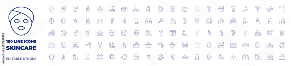 100 icons Skincare collection. Thin line icon. Editable stroke. Skincare icons for web and mobile app.