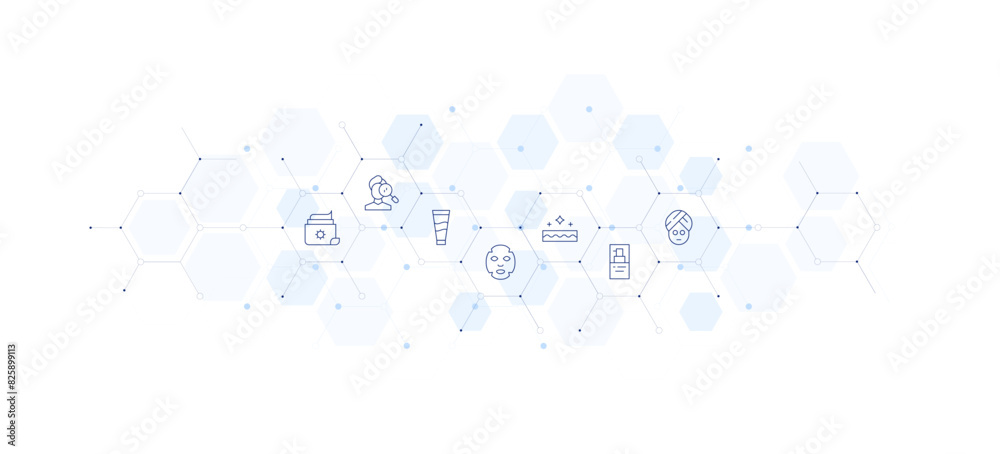 Skincare banner vector illustration. Style of icon between. Containing cream, daycream, facemask, foundation, lotion, pimple, skincare.