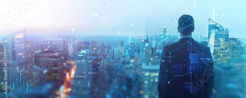 Businessman overlooking city skyline with digital overlay, representing futuristic business technology and innovation.