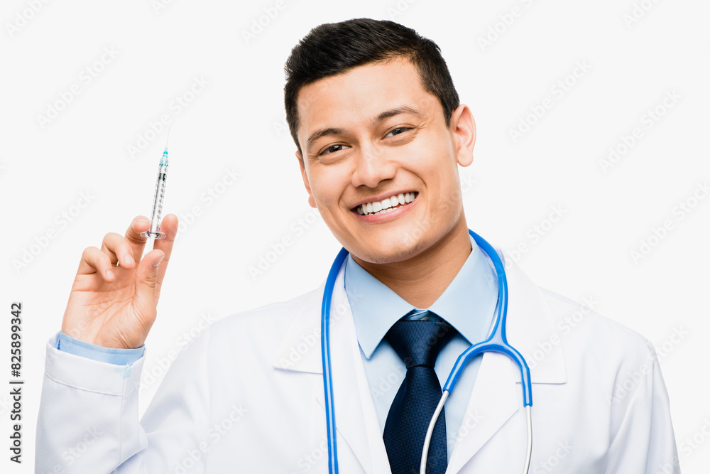 Doctor, portrait and man with syringe in studio for healthcare, medicine or vaccine on white background. Health, injection and male physician with needle for treatment, pharmaceutical care or cure Doctor, portrait and man with syringe in studio for healthcare, medicine or vaccine on white background. Health, injection and male physician with needle for treatment, pharmaceutical care or cure