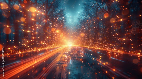 A mesmerizing night scene with colorful light trails and glowing floating orbs along a road surrounded by leafless trees under a cloudy sky. photo