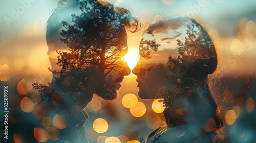 Double exposure of romantic couple kissing at sunset with trees overlayed, capturing love and nature's beauty.