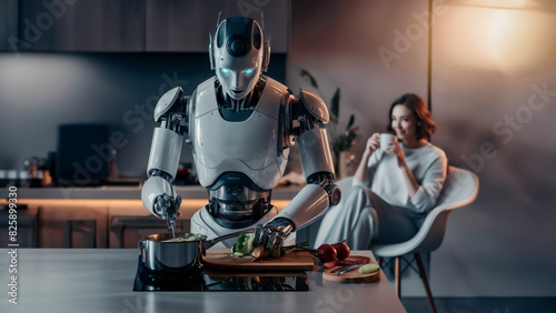 A robot chef prepares food and a woman drinks coffee in a relaxed manner.