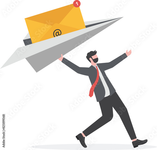 Warning messages, sending information. businessmen holding an envelope on a paper plane