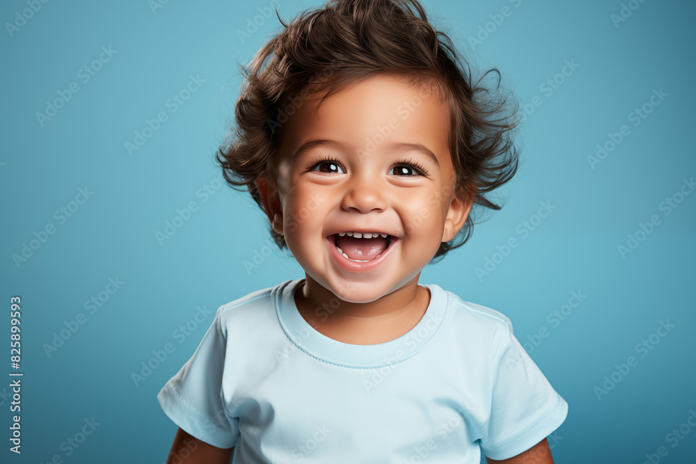 Happy baby on blue background. Close up portrait of cute baby Happy baby on blue background. Close up portrait of cute baby