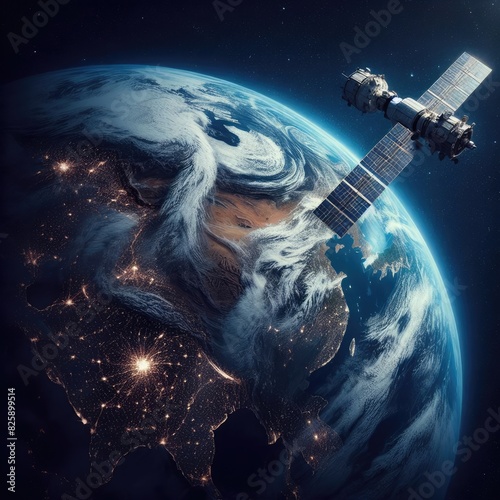 Beyond the Atmosphere: Illustration of Satellites Drifting in Earth's Orbit photo