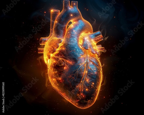 Digital artwork depicting a glowing, fiery heart, representing health, passion, and the human circulatory system in a conceptual style.