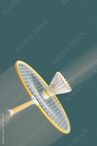 Bright yellow racket and shuttlecock on dark background. The moment the racket hits the shuttlecock, motion blur. 3d illustration, render. Copy space. Sport background for postcard, flyer, poster.