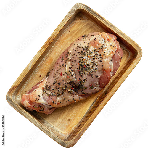 Top view of a marinated raw wild rabbit leg on a wooden tray isolated on a white transparent background photo