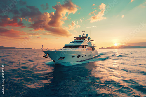 beautiful luxury motor yacht sailing on the sea at dawn